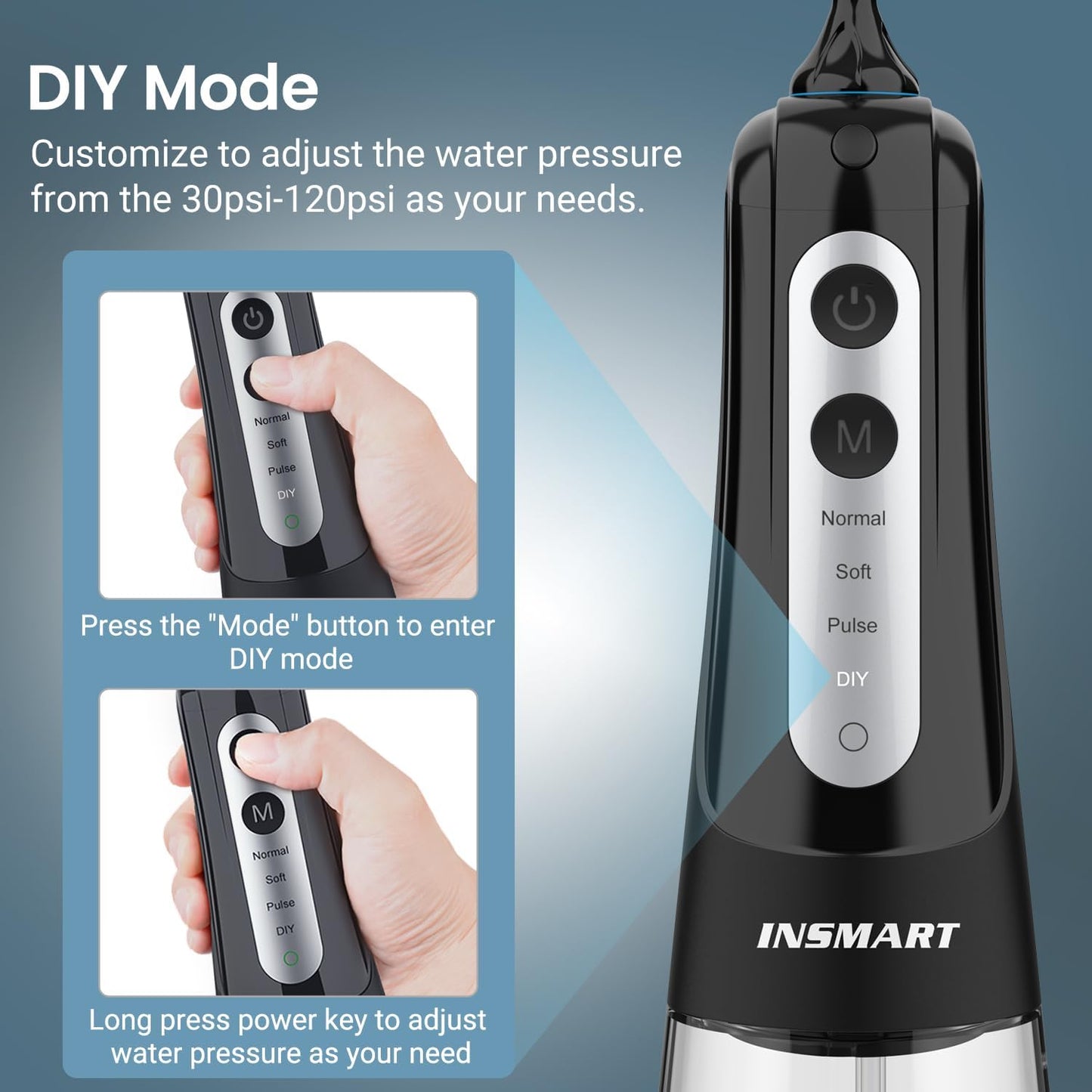 Cordless Water Dental Flosser Teeth Cleaner, INSMART Professional 300ML Tank DIY Mode Rechargeable Dental Oral Irrigator for Home and Travel, IPX7 Waterproof 6 Modes Irrigate Oral Care (Black)