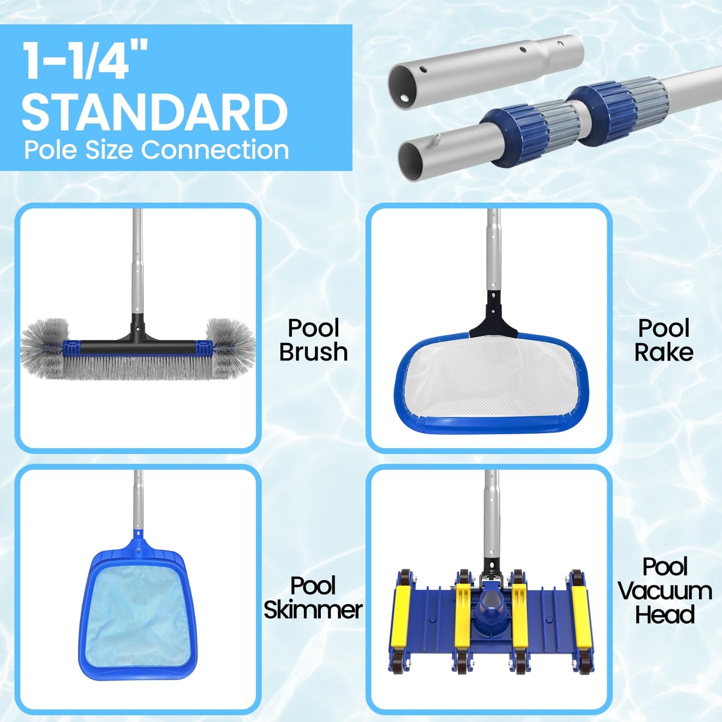 Poolvio 12FT Pool Pole, 2-Piece Telescopic Swimming Pool Cleaning Pole with Universal Threaded Tips, 2-in-1 Design for Skimmer Nets, Vacuum Heads, Brushes & Household Cleaning Tools