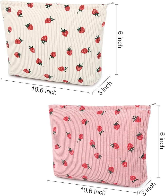 SOIDRAM 2 Pcs Cute Makeup Bag Large Cosmetic Bag Toiletry Bag Makeup Pouch Travel Bag Organizer Cute Makeup Brushes Aesthetic Accessories Storage Bag for Women Strawberry Pink Beige