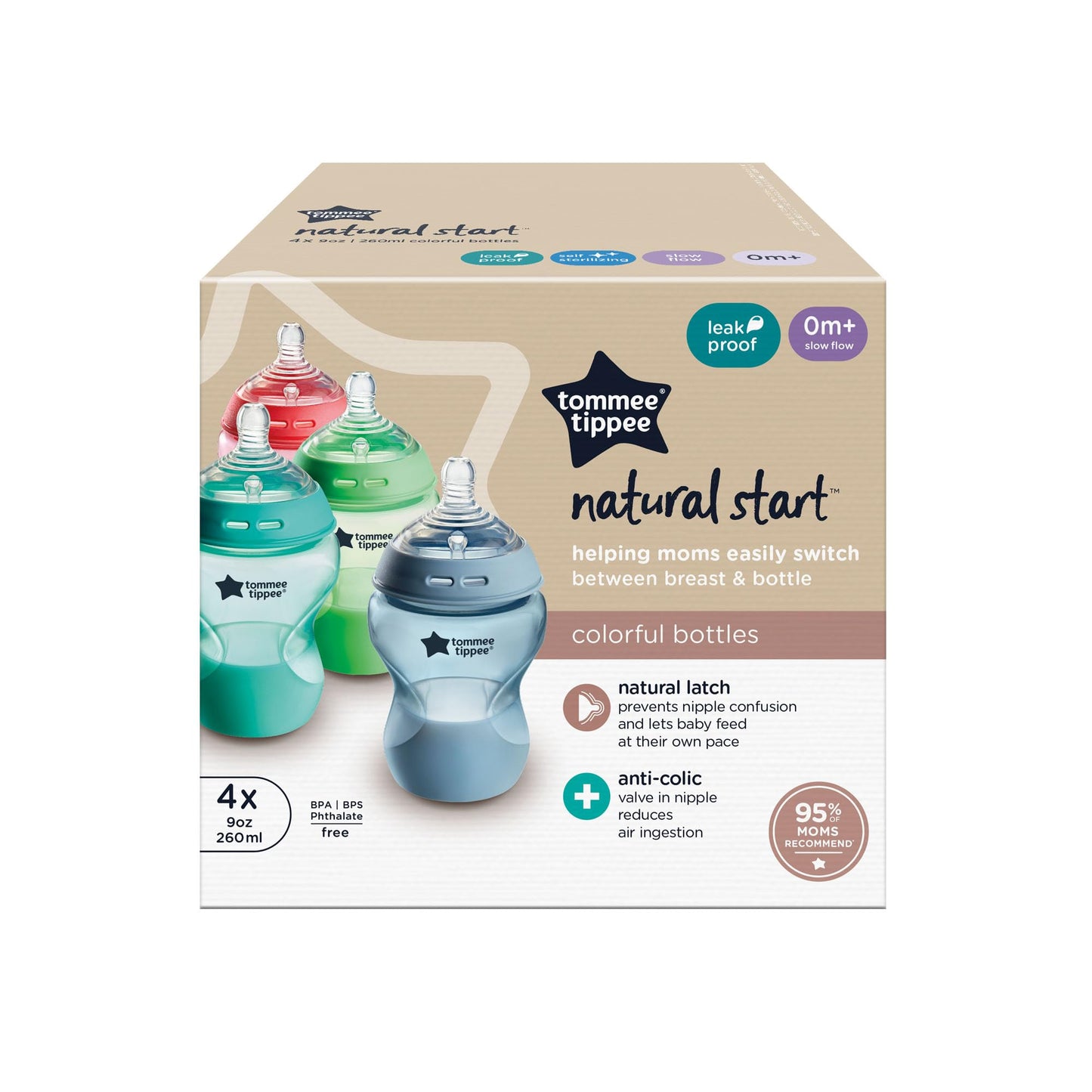 Tommee Tippee Natural Start Anti-Colic BPA Free Baby Bottles, 9oz, Slow-Flow Breast-Like Nipple for a Natural Latch, Designed for Seamless Transitions Between Bottle and Breast, Fiesta, Pack of 4