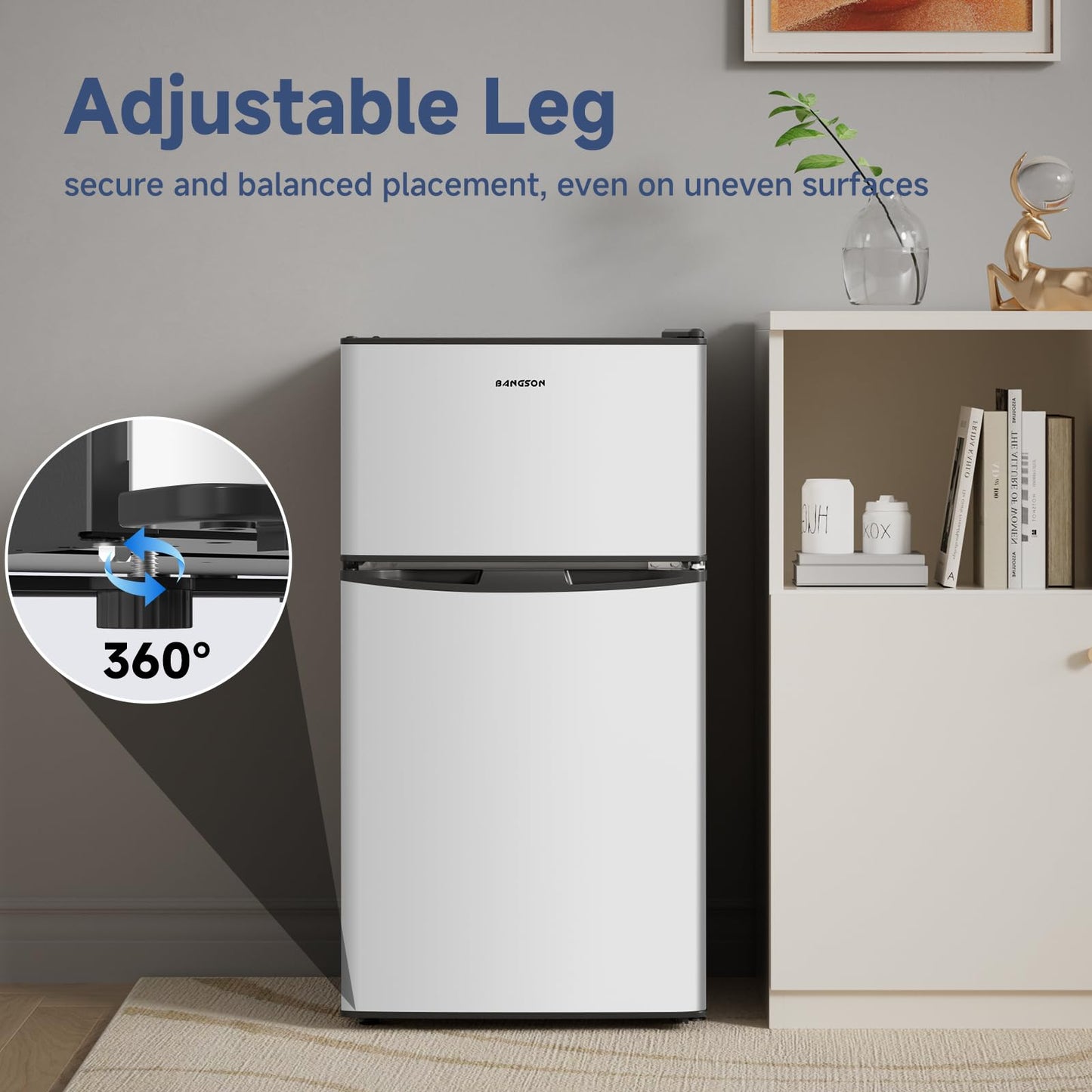 BANGSON Mini Fridge with Freezer, 3.2 Cu.Ft Small Refrigerator, 5 Settings Temperature Adjustable, Low Noise Refrigerator, 2 Door Small Fridge for Apartment, Home, Office and Dorm, Silver