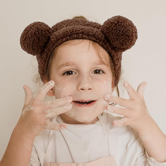 YISSION 2PCS Bear Ears Spa Headband No Slip Head Band for Face Wash Makeup Skincare Facial Headband Elastic Hair Band Carol Fleece Headbands for Women Girls (Brown Coffee)
