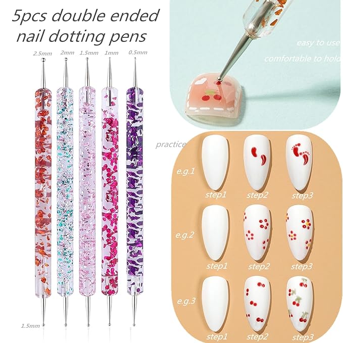 Nail Dotting Tools 10 Pcs Kit - 5 pcs Double-end Nail Dotting tools and 5 Pcs Nail Art Liner Painting Brushes