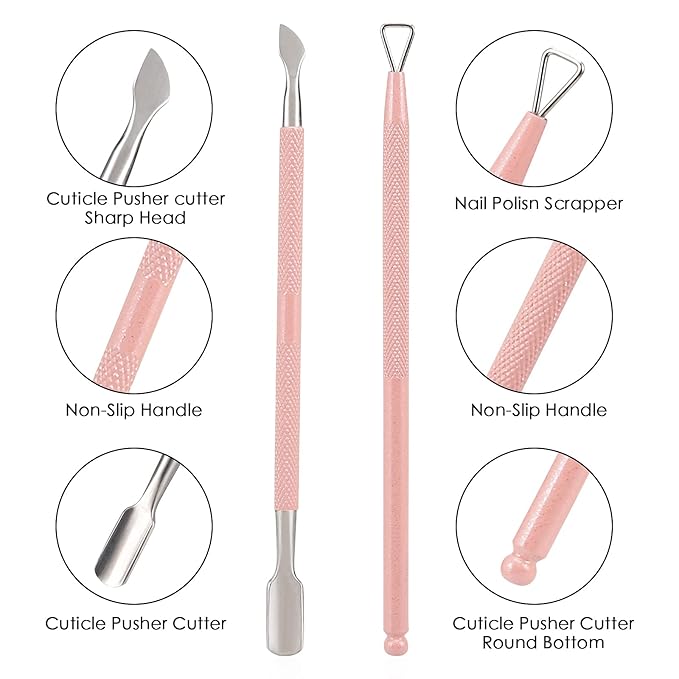 YINYIN Professional Stainless Steel Cuticle Trimmer with Pusher and Cutter - Durable Pedicure Manicure Tools for Fingernails and Toenails (Pink)