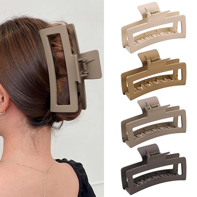 5 Inch Extra Large Claw Clips for Thick Hair and Long Hair, 4 Pack XL Jumbo Matte Rectangle Hair Clips, Oversized Non-Slip Strong Hold Jaw Clips for Women, Big Hair Accessories in Brown Tones