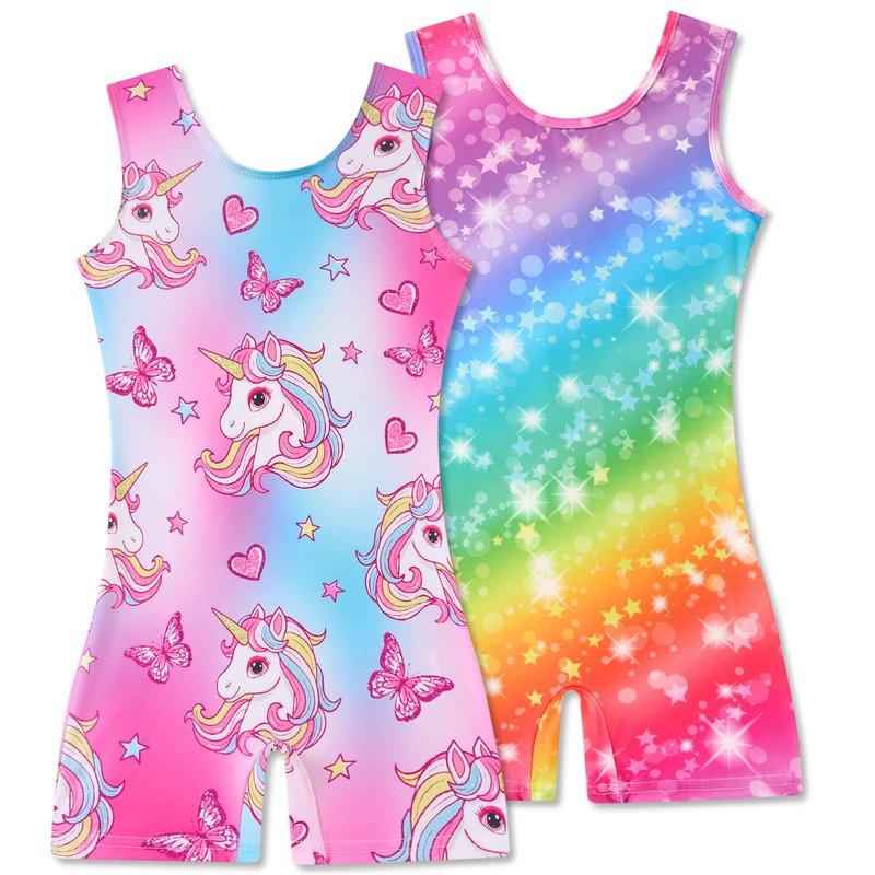 Taubow 2 Packs Gymnastics Leotards for Girls 4t 5t Rainbow Unicorn Tumbling Outfit Biketard with Shorts Gymnastics Outfit