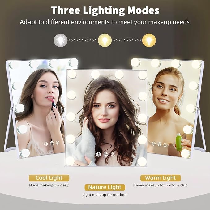 Makeup Mirror, Vanity Mirror with Lights, Hollywood Mirror with 12 Dimmable Bulbs, 3 Color Modes and 12 Dimmable Bulbs, Smart Touch Control, Gifts for Her, Dorm Room Essentials