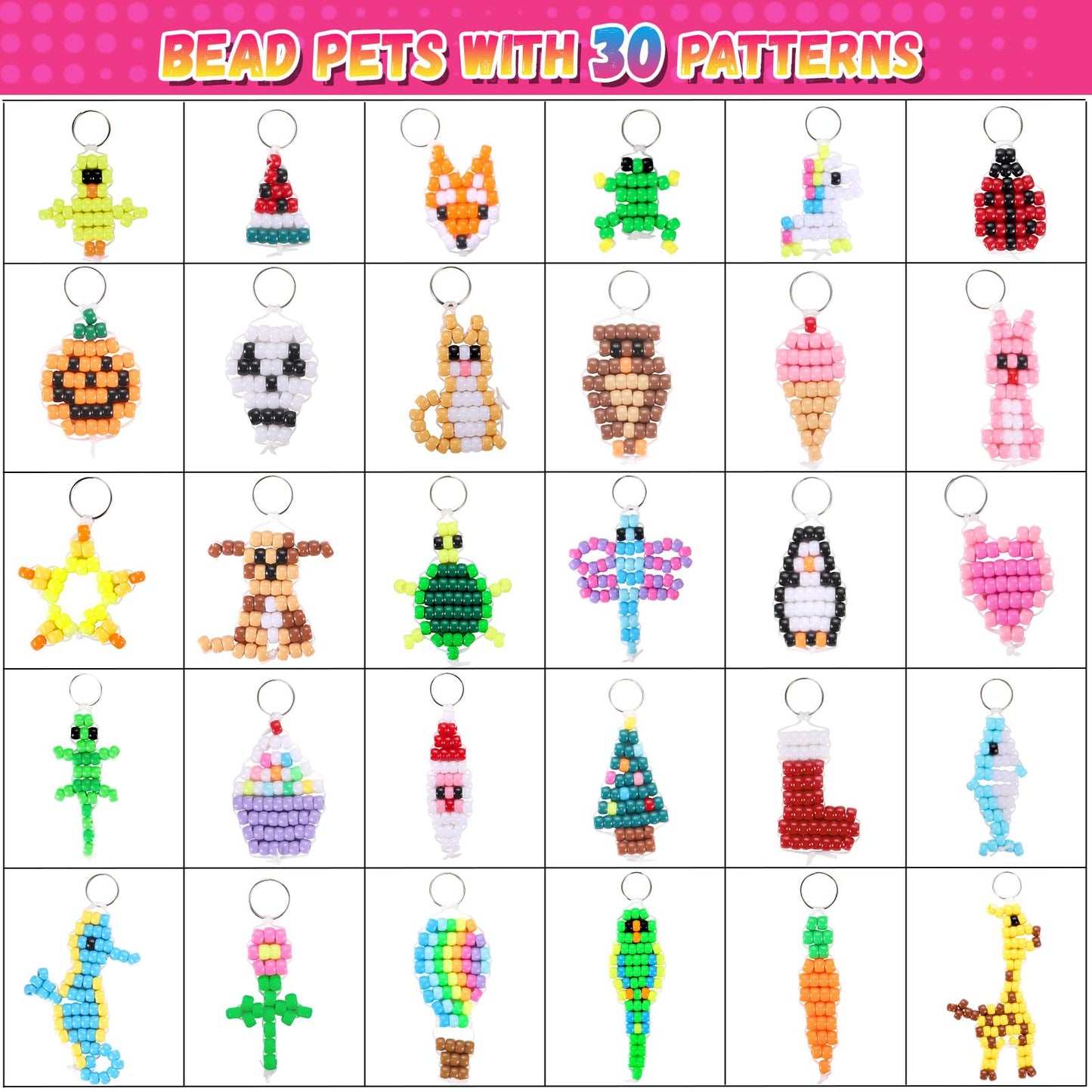 Funtopia Beads for Crafts, Pony Beads Keychain Making Kit, Bead Pets Art Crafts for Kids Beginners, Birthday Party DIY Craft for Girls Boys (1500 Bead, 30 Designs)