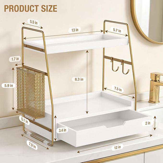 2-Tier Bathroom Counter Organizer with Drawer & Removable Basket, Wood & Metal Vanity Organizer for Skincare, Makeup, Perfume, Toiletries, Small Bathroom Counter Shelf, 13'' White Gold