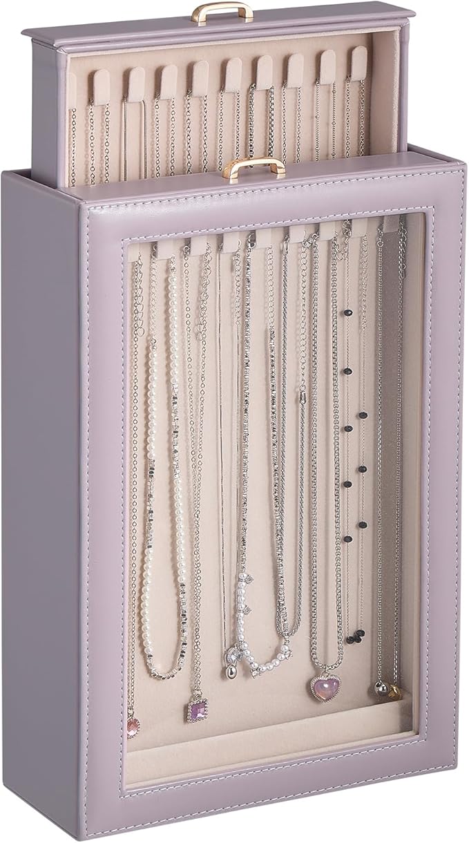 Lolalet Necklace Organizer Box, Jewelry Storage Box with Clear Window for Necklaces Bracelets, Tangle-Free Necklace Display Case for Women Girls -Dusty Purple, 2 Layers 20 Hooks