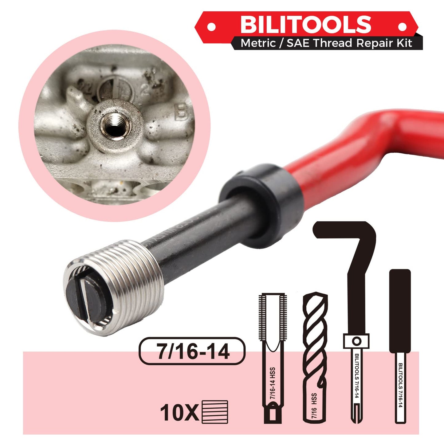 BILITOOLS 7/16-14 inch Thread Repair Kit, HSS Drill Helicoil Repair Kit SAE