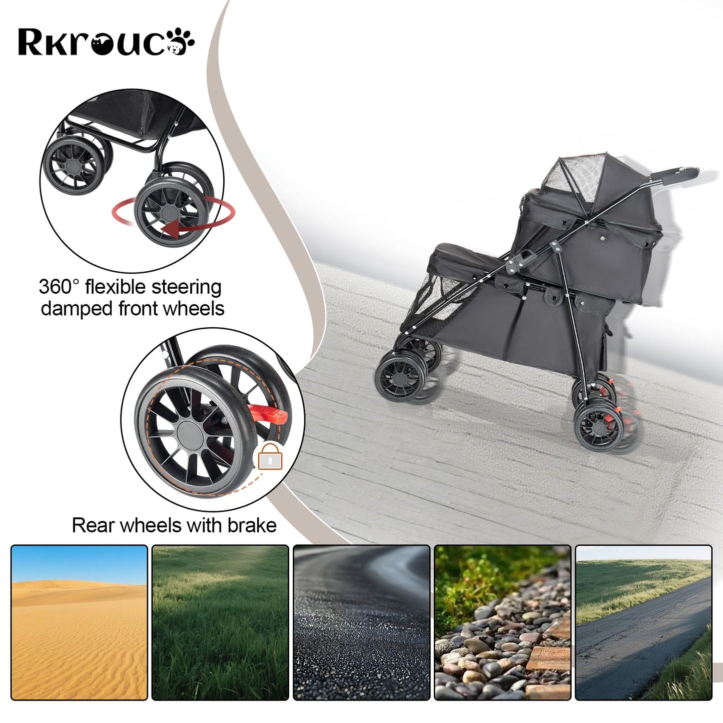 Double Pet Stroller for Medium Small Dogs and Cats with 2 Carriage, Durable Universal Wheels with Brakes Lightweight One Hand Foldale Kittens Puppies Travel Strolling Cart (Black)