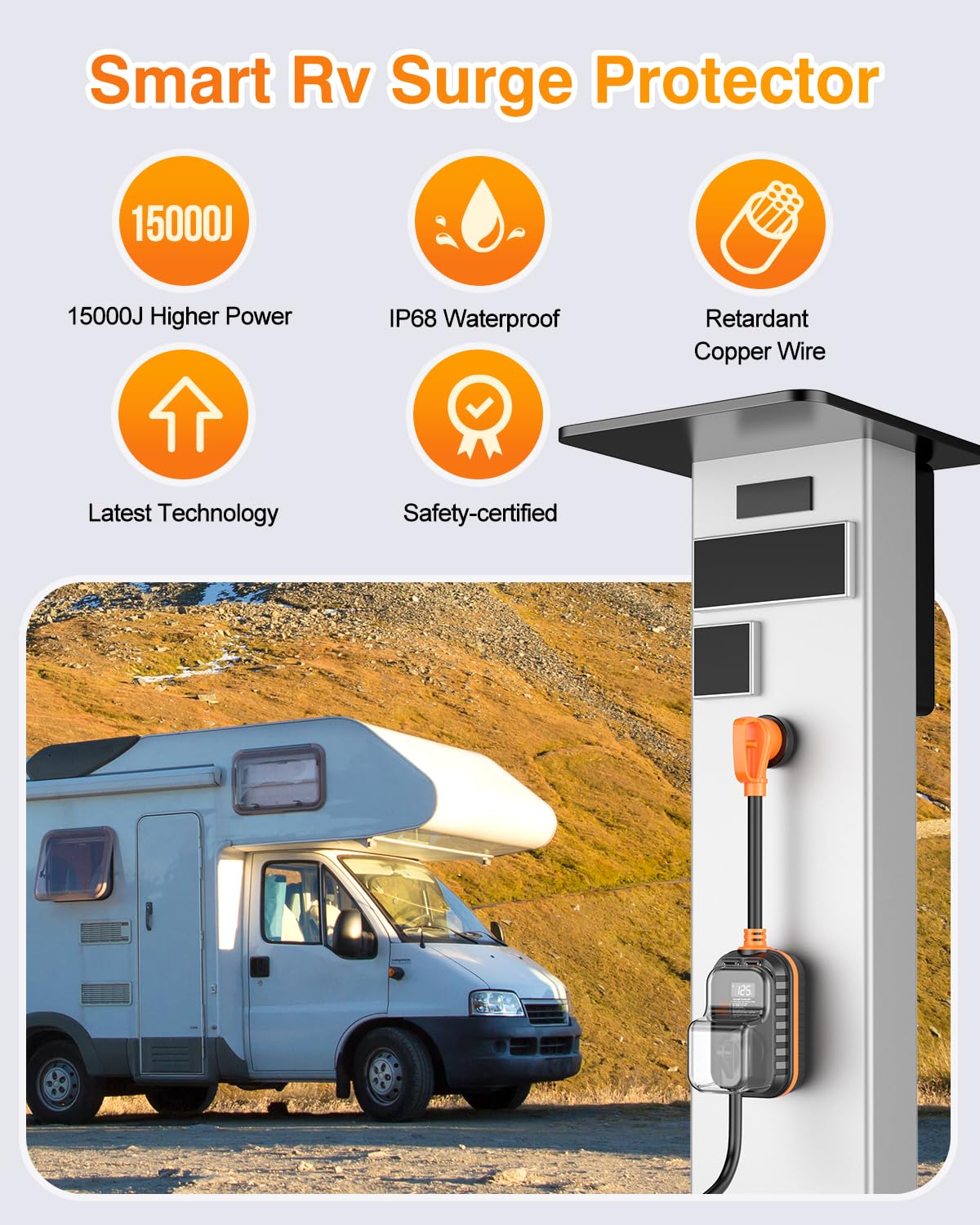GEARGO 𝟐𝟎𝟐𝟔 𝐍𝐄𝐖 30 Amp RV Surge Protector, 15000J RV Circuit Analyzer with Intelligent LED Display, IP68 RV Adapter Plug with Waterproof Cover for Camper Travel Trailers