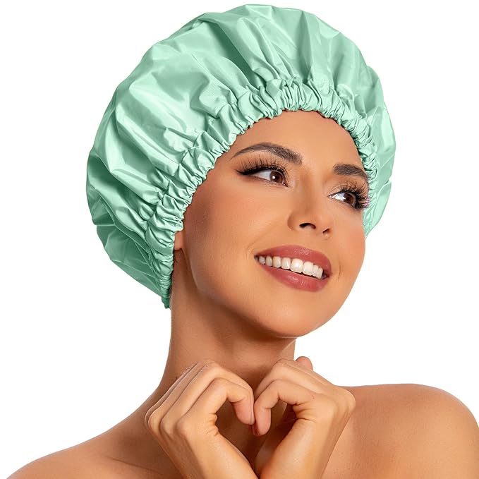 Reusable Shower Cap for Women, Large Waterproof Shower Bonnet with Elastic Band, Washable Bath Hair Cap for Long, Curly Hair, Braids, Daily Shower, Home Spa, Travel(Green Bean)