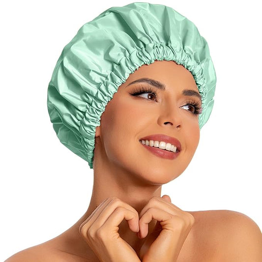 Reusable Shower Cap for Women, Large Waterproof Shower Bonnet with Elastic Band, Washable Bath Hair Cap for Long, Curly Hair, Braids, Daily Shower, Home Spa, Travel(Green Bean)