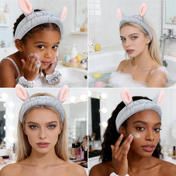 YISSION Cute Bunny Ear Spa Headband and Wristband Set for Women and Girls - Soft Plush Makeup Headband with Wrist Towels for Face Washing, Skincare, Shower, Easter Party Favors (Gray)