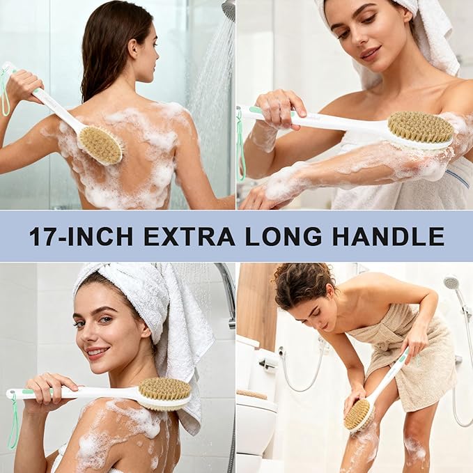 Back Scrubber for Shower with Long Handle, Exfoliating Bath Brush for Body - Double Sided Bristles (Stiff & Soft), Anti-Slip Grip, Lightweight - Gift for Seniors, Includes Lanyard & Hook,Green