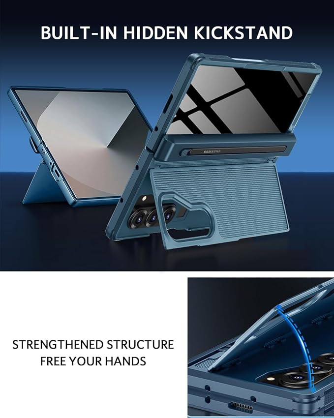 NINKI for Samsung Galaxy Z Fold 6 Case with S Pen Holder & Invisible Kickstand,Built in Privacy Screen Protector and Hinge,Shockproof Phone Cover for Samsung Z Fold 6 Case with Slim S Pen Slot – Blue