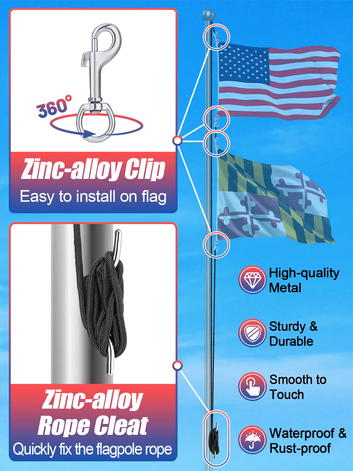 Flag Rope and Clips Kit - 100ft Flag Pole Rope Halyard with Cleat Hook & 4 Pcs Swivel Snap Clips for Flagpoles Up to 50ft, Outdoor Porch Flagpoles Repair Replacement Parts Accessories