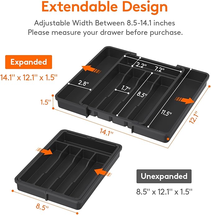 Lifewit Expandable Silverware Organizer, Plastic Utensil Tray for Kitchen Drawer, BPA Free Flatware Cutlery Holder, Space-Saving Storage for Spoons Forks Knives, 8.5-14 x 12 x 1.5 inch, Black