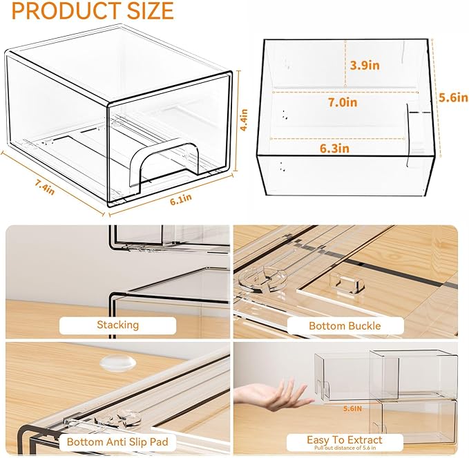 Yieach 8 Pack Small Stackable Storage Bins,Clear Acrylic Drawer Boxes,Medicine Cabinet Organizer,Plastic Containers for Organizing Vanity,Undersink,Pantry,Bathroom Makeup Organizer,Home Organization