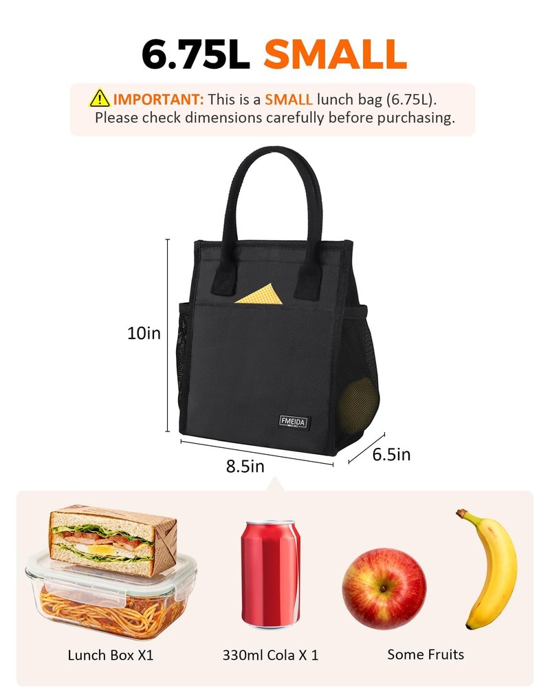 Fmeida 6.75L Small Insulated Lunch Bag Women Men, Lunch Bags with Multiple Pockets, Reusable Thermal Cooler Tote for Work, Office, Picnic, Travel | Hook and Loop Closure, Black