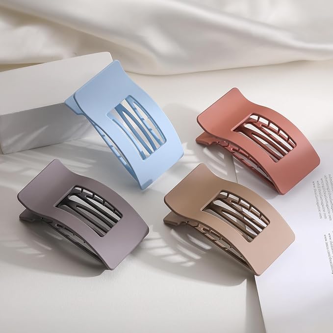 4 Pack Large Flat Hair Clips for Women, Rectangle Matte Non-slip Lay Down Claw Clips, French Strong Hold No Crease Barrettes for Thick & Thin Hair, Stylish Square Hair Accessories (Grey)
