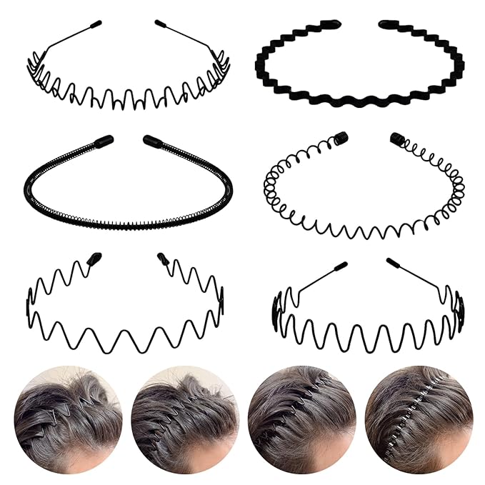 6PCS Metal Hair Bands, Spring Wavy Hoop Unisex Black Headband Slicked Back Non Slip Sports Hairband for Women Men…