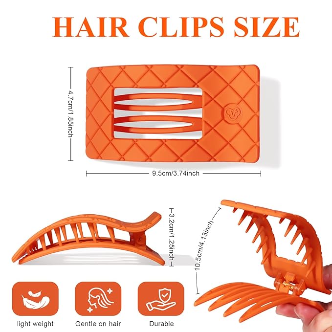 Large Flat Hair Claw Clips for Women for Thin Thick Hair, Stylish Strong Hold Non Slip Square Hair Clips, Cozy French Lay Down Hairclips, Comfortable All-Day Wear, Orange, 4 Pcs