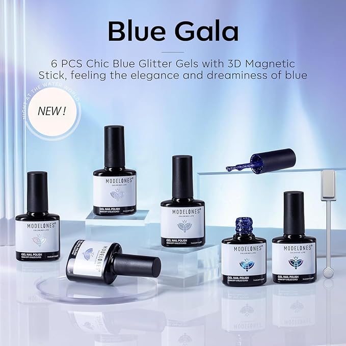 modelones Gel Nail Polish Set, 6 Colors Winter Icy Blue Collection Glitter Gel Polish Galaxy White Dark Blue 9D Cat Eye Nail Polish with Magnet Soak Off Led Nail Art Kit Salon DIY Gift