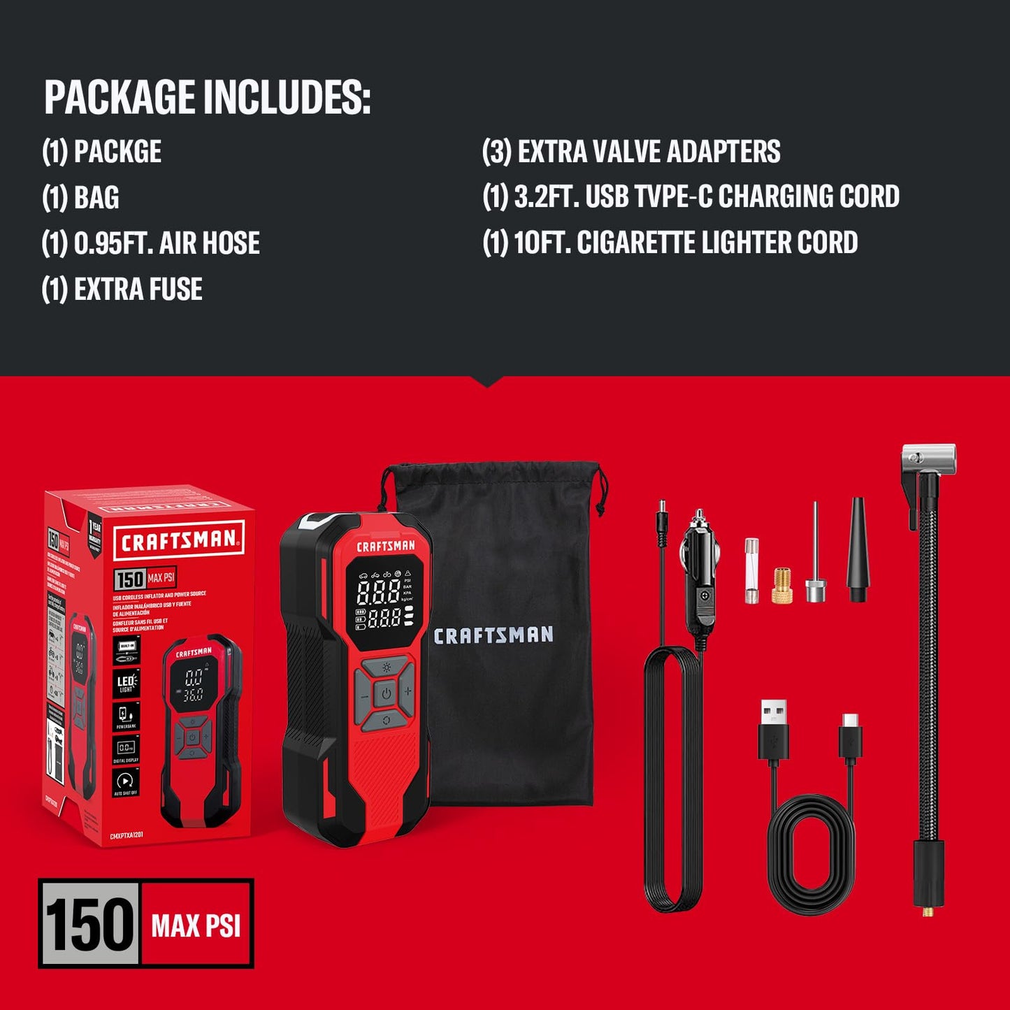 CRAFTSMAN Tire Inflator Portable Air Compressor, Cordless Mini Air Pump for Car Tires with Digital Tire Pressure Gauge, 6000mAh Battery Powered Air Pump, Max Pressure 150 PSI, 12V DC Corded