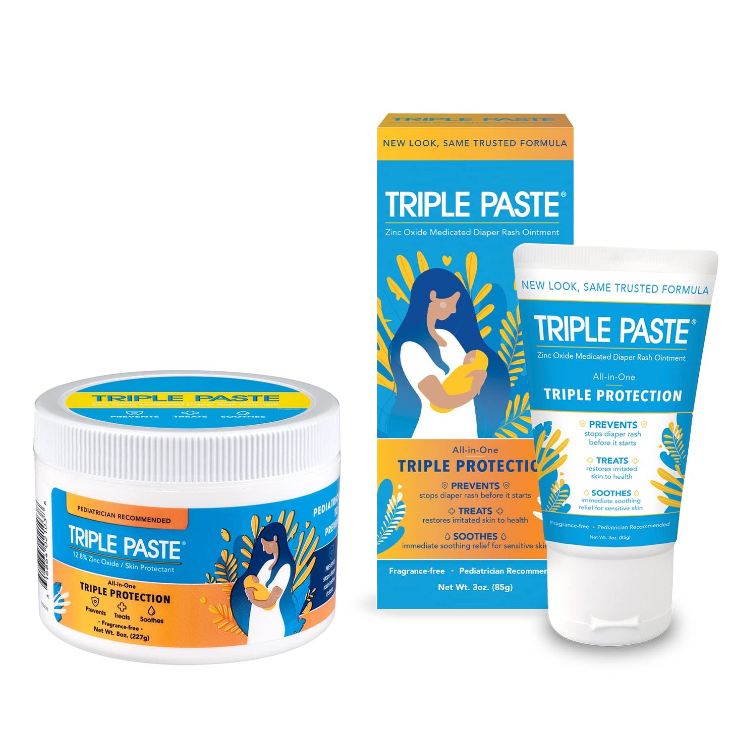 Triple Paste Diaper Rash Cream for Baby - 8 Oz Tub & 3 Oz Tube At Home & On the Go Bundle – Zinc Oxide Ointment Treats, Soothes & Prevents Diaper Rash, Baby Essentials for Daily & Overnight