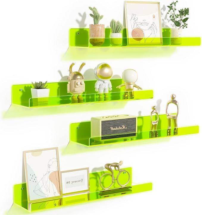 upsimples Acrylic Shelves for Wall Decor, 15" Display Shelf for Figure, Nail Polish, Wall Organizer for Bathroom, Bedroom, Living Room, Playroom, Kids Bookshelf, Clear Fluorescent Green, 4 Pack