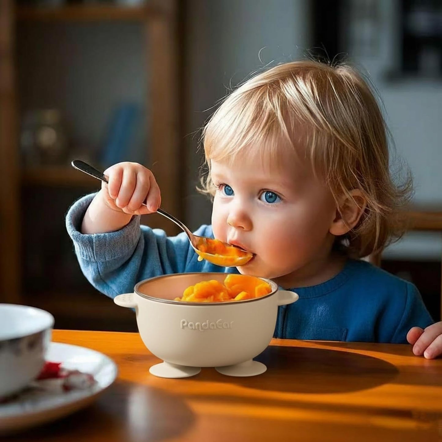 PandaEar 3 Pack Stainless Steel Baby Suction Bowls, Non-Slip Child Food Bowl with Silicone Sleeve for Kids Toddlers Infants, Unbreakable & Mess Free (Blue Green Beige, With Lids)