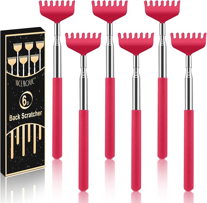 NICEMOVIC 6 Pack Back Scratcher for Women Men, Christmas Stocking Stuffers, Prizes for Adults, White Elephant Gifts for Adults, Extendable Bulk Back Massager Tool for Thanksgiving Birthday (Red)