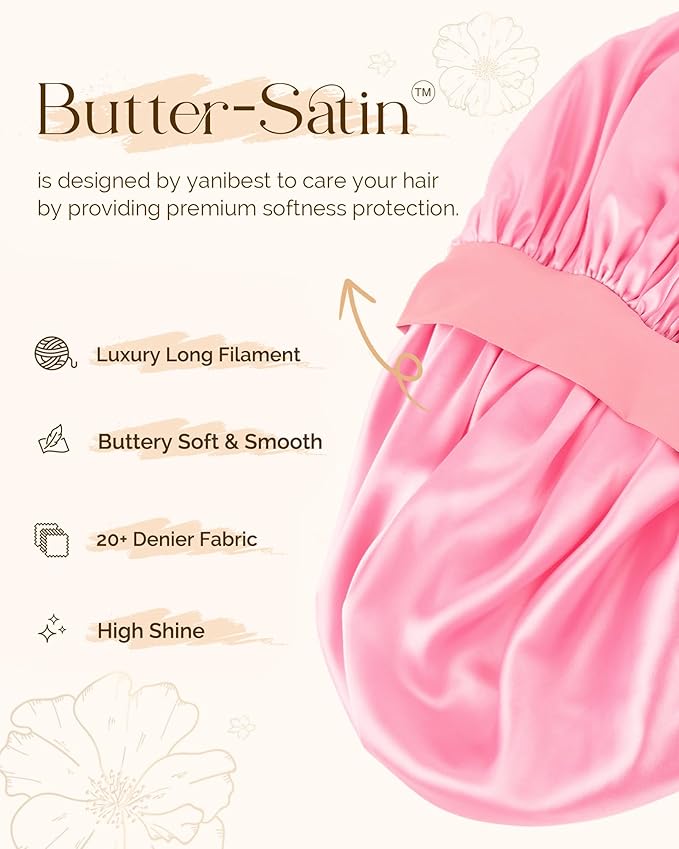 Yanibest Adjustable Satin Bonnet for Sleeping, Double Layer Silk Hair Bonnet with Tie Band for Unisex Women Men Curly Natural