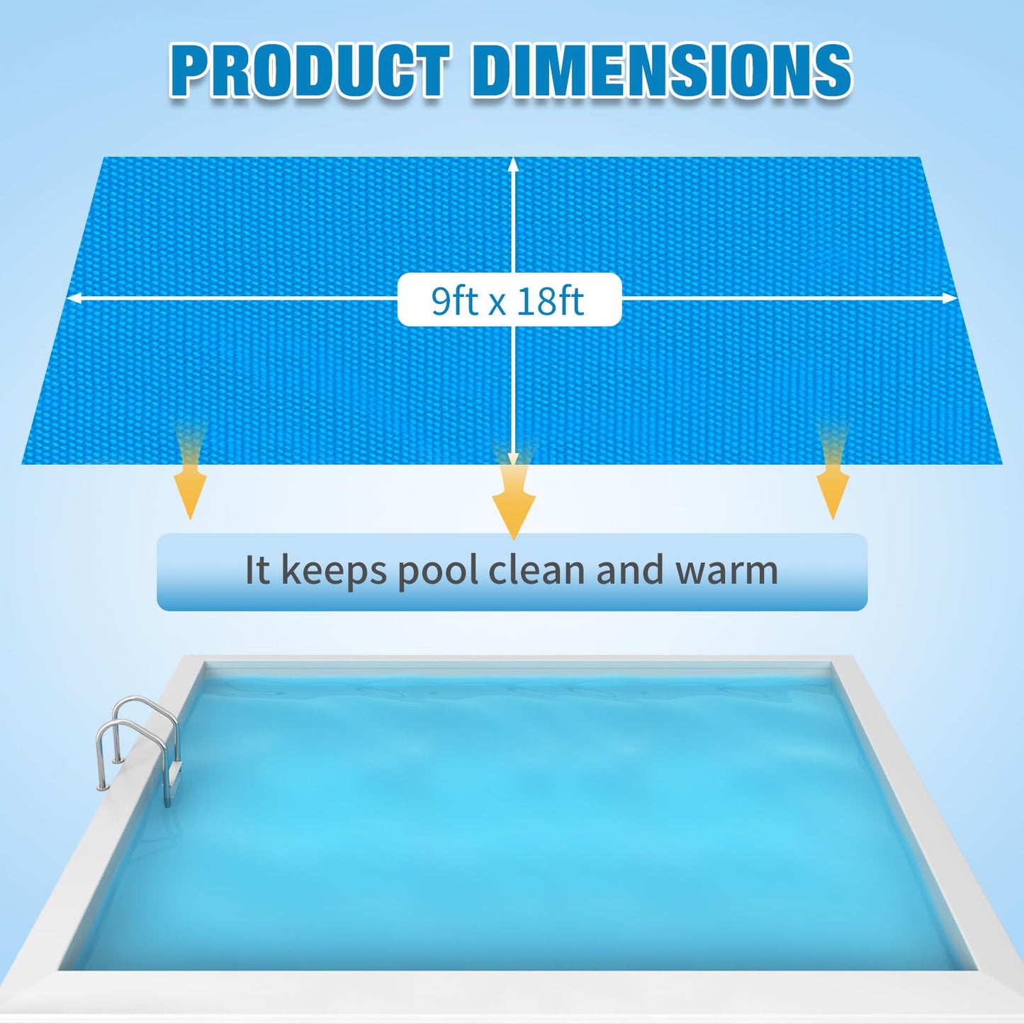 Outvita Solar Pool Cover, 8 Mil Blue Heavy Duty Rectangle Solar Blanket Heaters for Above-Ground and In-Ground Pools(9' x 18')
