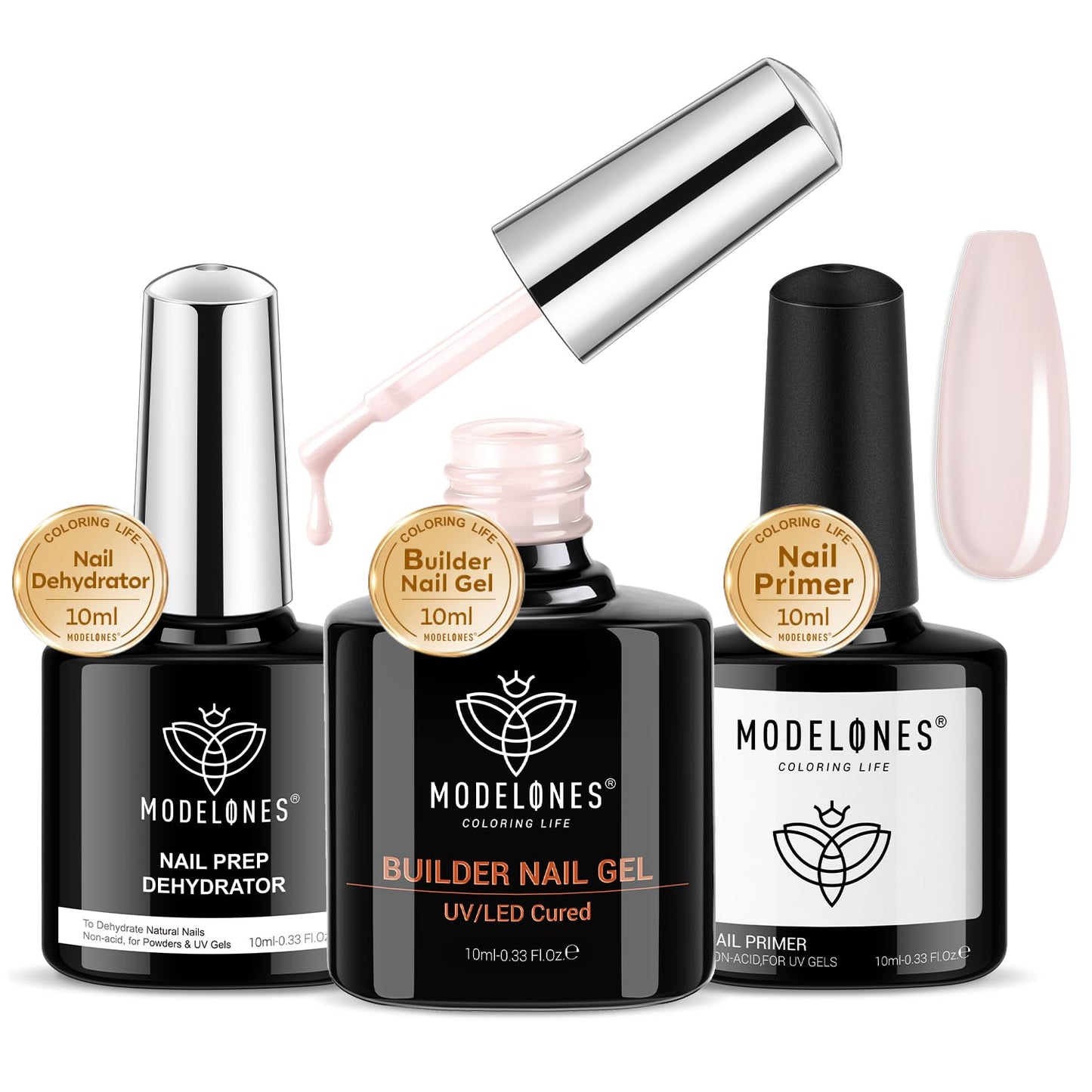 modelones Nail Thickening Solution, Nail Dehydrator and Primer with Builder Nail Gel, 3Pcs Cover Nude Pink LED Gel Builder Polish Base Coat Prep Dehydrate & Bond Primer for Apex Building 10ml