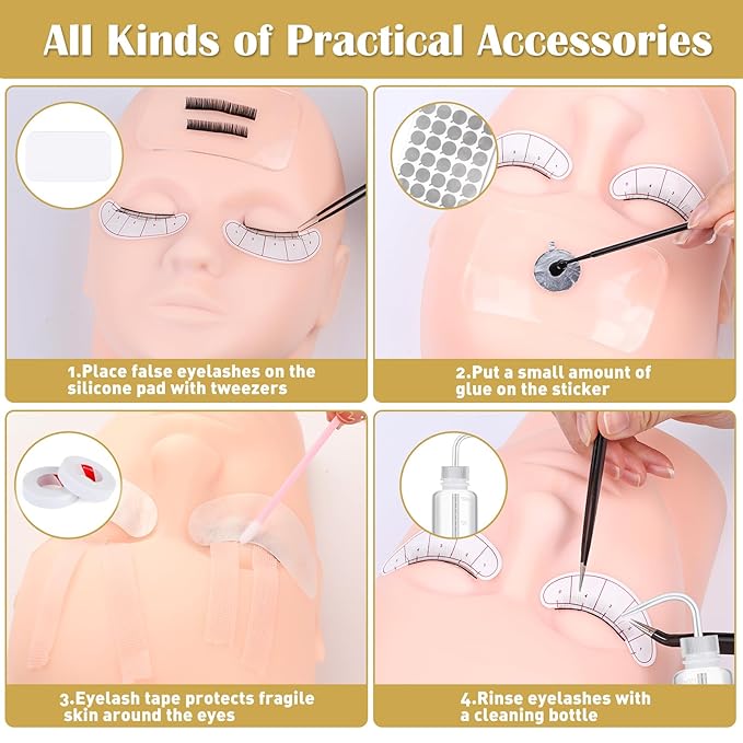 Eyelash Extension Kit for Beginners, Professional Lash Extension Kit with Mannequin Head, Lash Starter Kit with Lash Fan, Lash Extension Supplies for Practice Training Kit(Black)