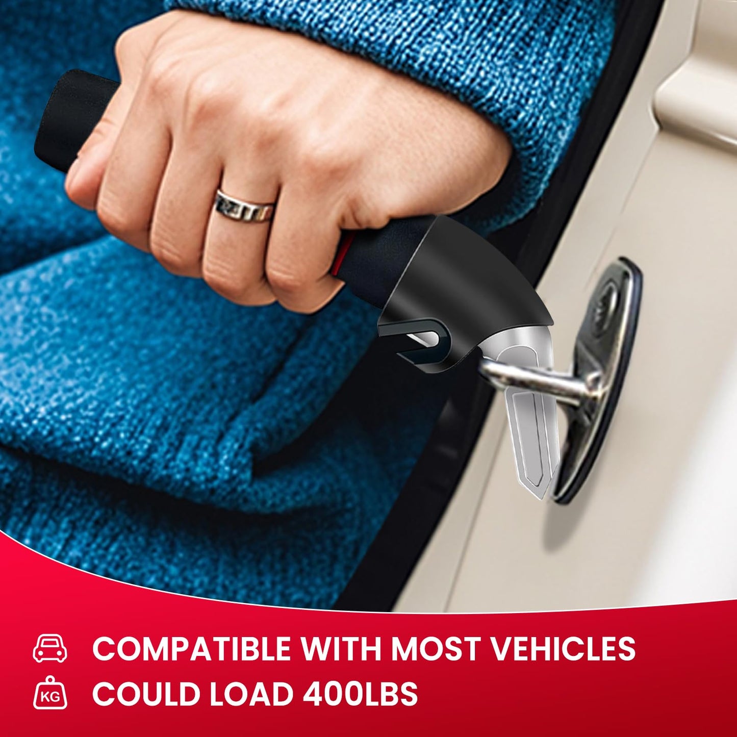 KOUNATSURI Car Handle Assist for Elderly Car Door Handle Multifunction Handle Car Door Latch Handle for Seniors and Handicapped(Red, Handle with Two Straps)