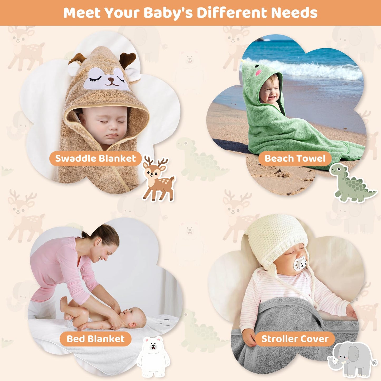 CandyHome 12 PCS Baby Bath Towels Set for Infants Toddlers, 4 PCS Animal Hooded Baby Towels & 8 PCS Washcloths Set, Ultra Absorbent Cute Soft Newborn Bath Essentials Gifts for Boys & Girls