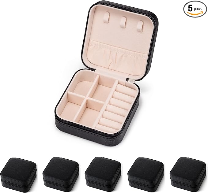 5pack/PU Leather Travel Jewelry Case, Mini Jewelry Box, Small Jewelry Organizer Portable Display Storage Case for Rings Earrings Necklace Bracelet Bangle,Gifts for Girls Women (Black)
