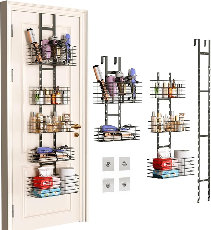 Yuyetuyo 5-Tier Over The Door Organizer Bathroom - Hair Dryer Holder - Hair Tool Organizer Adjustable Height, DIY Bathroom Storage Shelf Wall Mounted for Flat/Curling Irons, Straighteners, Skincare