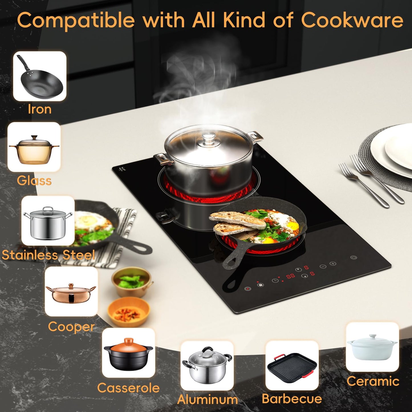 Zarbaco Electric Cooktop 2 Burner, 1800W Radiant Electric Stove Top 120V with Countertop & Built-in Design, 12 inch Touch Control Ceramic Cooktop with Safety Lock, 9 Level Power, Timer - Plug in