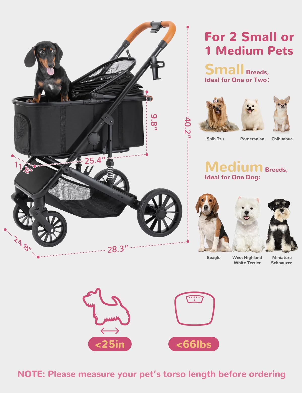 SUNTHX Dog Stroller for Small Medium Dogs Up to 60lbs, 4 Wheels Folding Pet Stroller with Detachable Carrier, Pet Travel Carrier for 2 Dogs & Cats, Storage Basket, Breathable Mesh, Cup Holder, Black