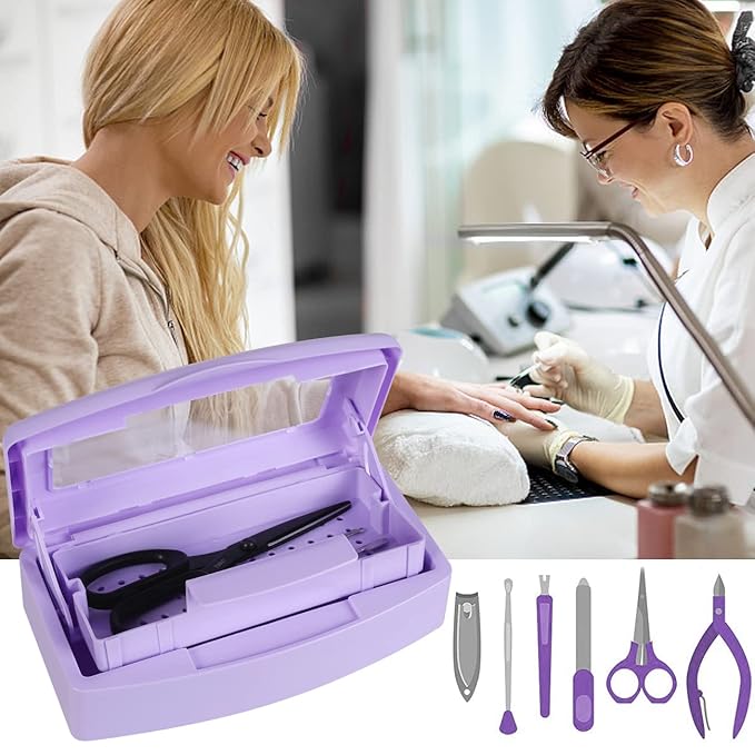Gusnilo Nail Tool Sterilizer Box Disinfectant Jar Plastic Disinfectant Container Suitable for Nail Tools Hair Salons Beauty Centers and Manicure and Nail Equipment(Purple)