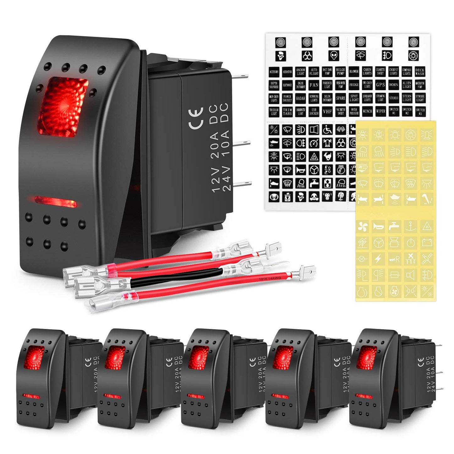 Nilight 6 Pack Rocker Switches with Night Glow Stickers 5 PIN SPST Red Backlit 12V/24V Toggle for Cars Trucks RVs Boats Auto Motorcycles