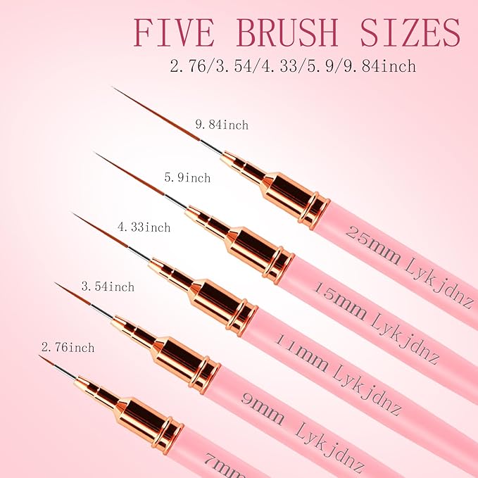 5pcs Nail Art Liner Brushes, Liner Brush For Nails Gel, Painting Art Design Brush Set Nail Dotting Drawing Tool For Long Lines, Thin Details, Fine Drawing Sizes 7/9/11/15/25 mm (Pink)