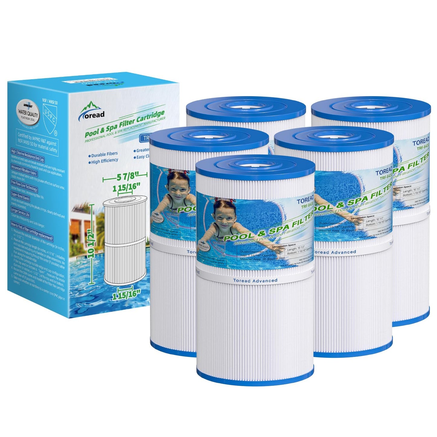 TOREAD Watkins 31489 Replacement Filter, Compatible Pleatco PWK30, Unicel C-6430, Filbur FC-3915, P/N0969601, 71825, 73178, 73250, 30 sq. ft. Hot Spring Spa Filter (5)