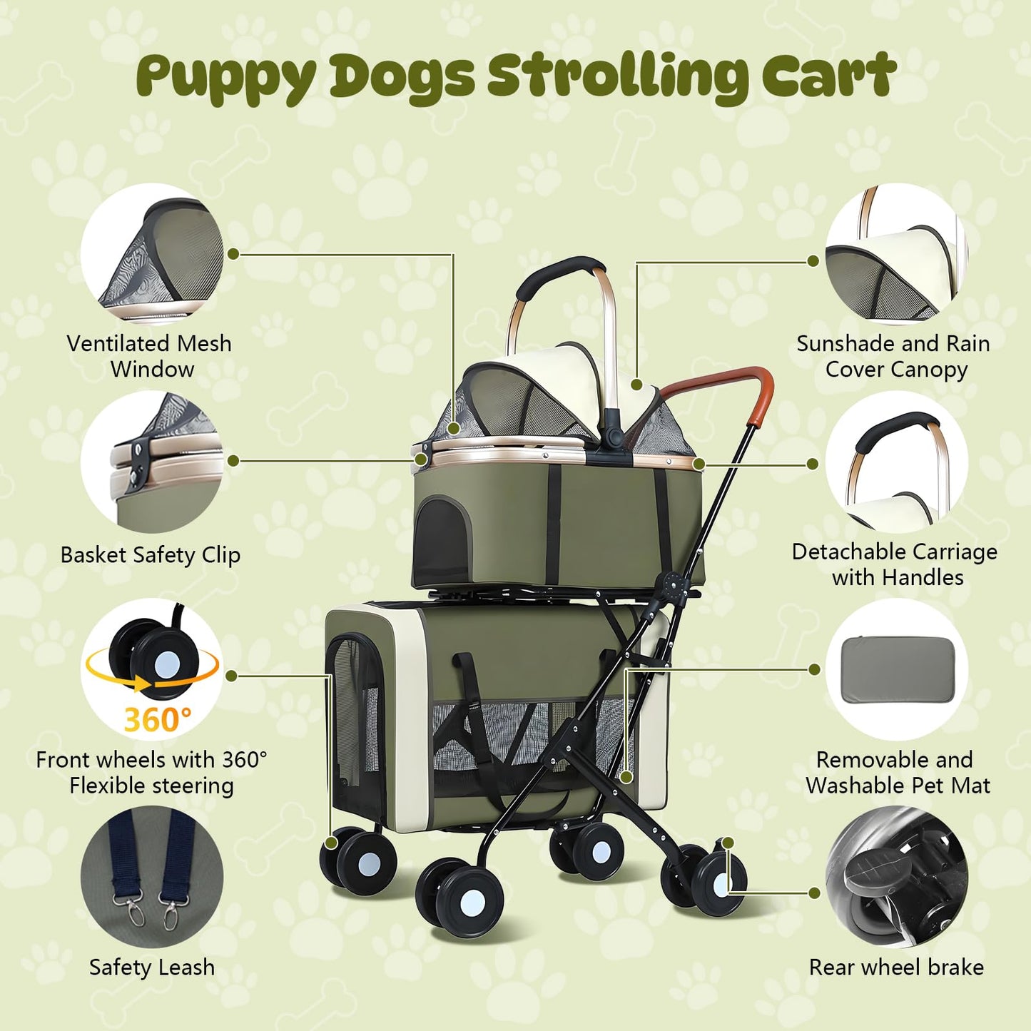 Beuway Double Pet Stroller for Dogs and Cats, One-Step Folding Dog Stroller Travel Carriage for Small Medium Dogs Cats, 2 Detachable Carrier Bags, 4 Lockable Wheels (Army Green)